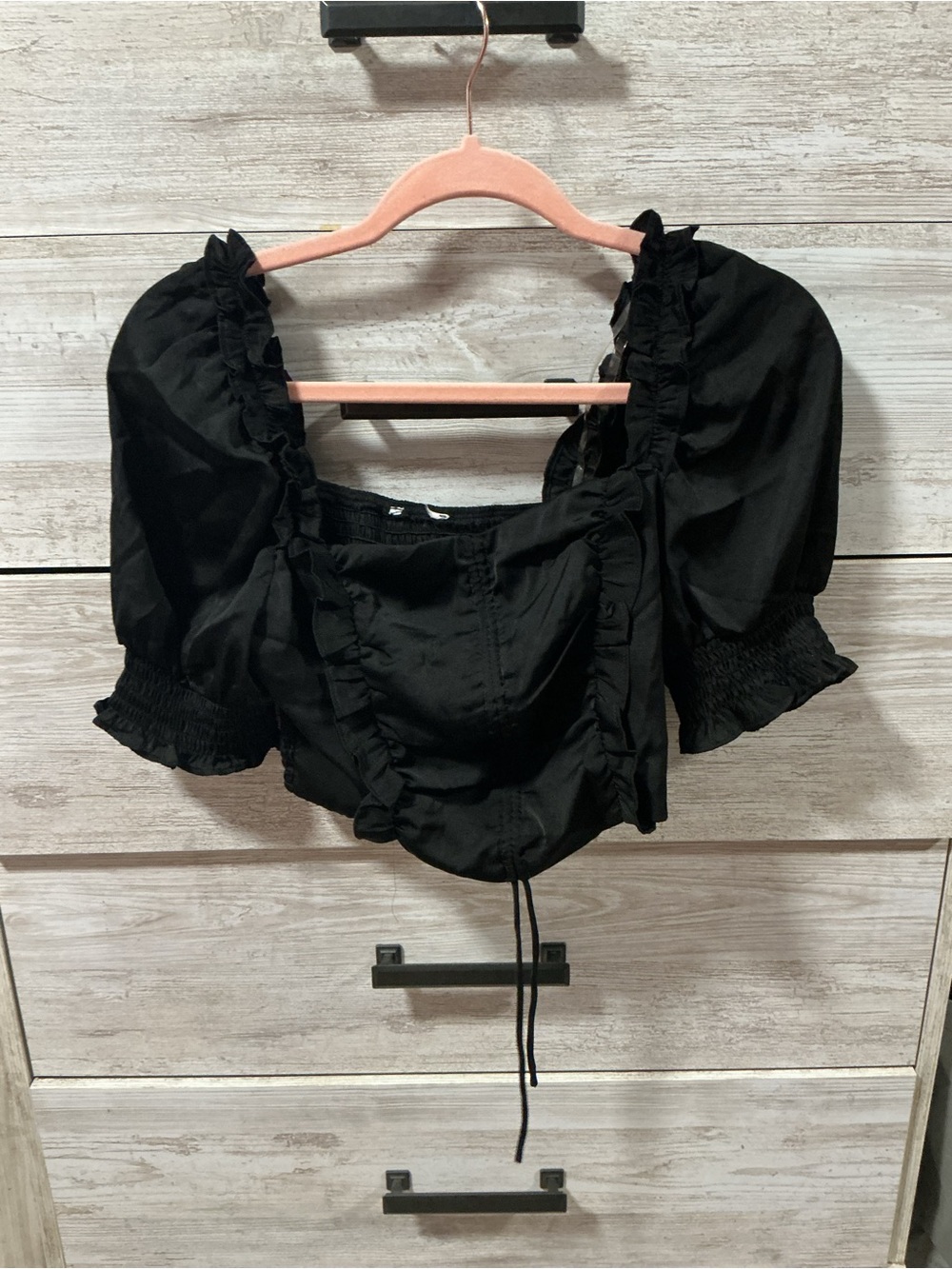 Black Ruffle Puff-Sleeve Crop Top - Women